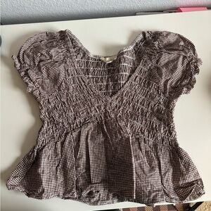 La Hearts Brown Gingham Smocked Peasant Top